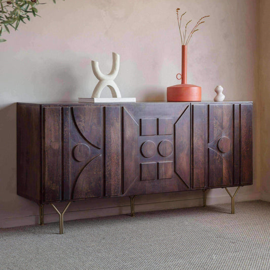 Geometric Relief Dark Wooden 3 Door Sideboard - The Farthing