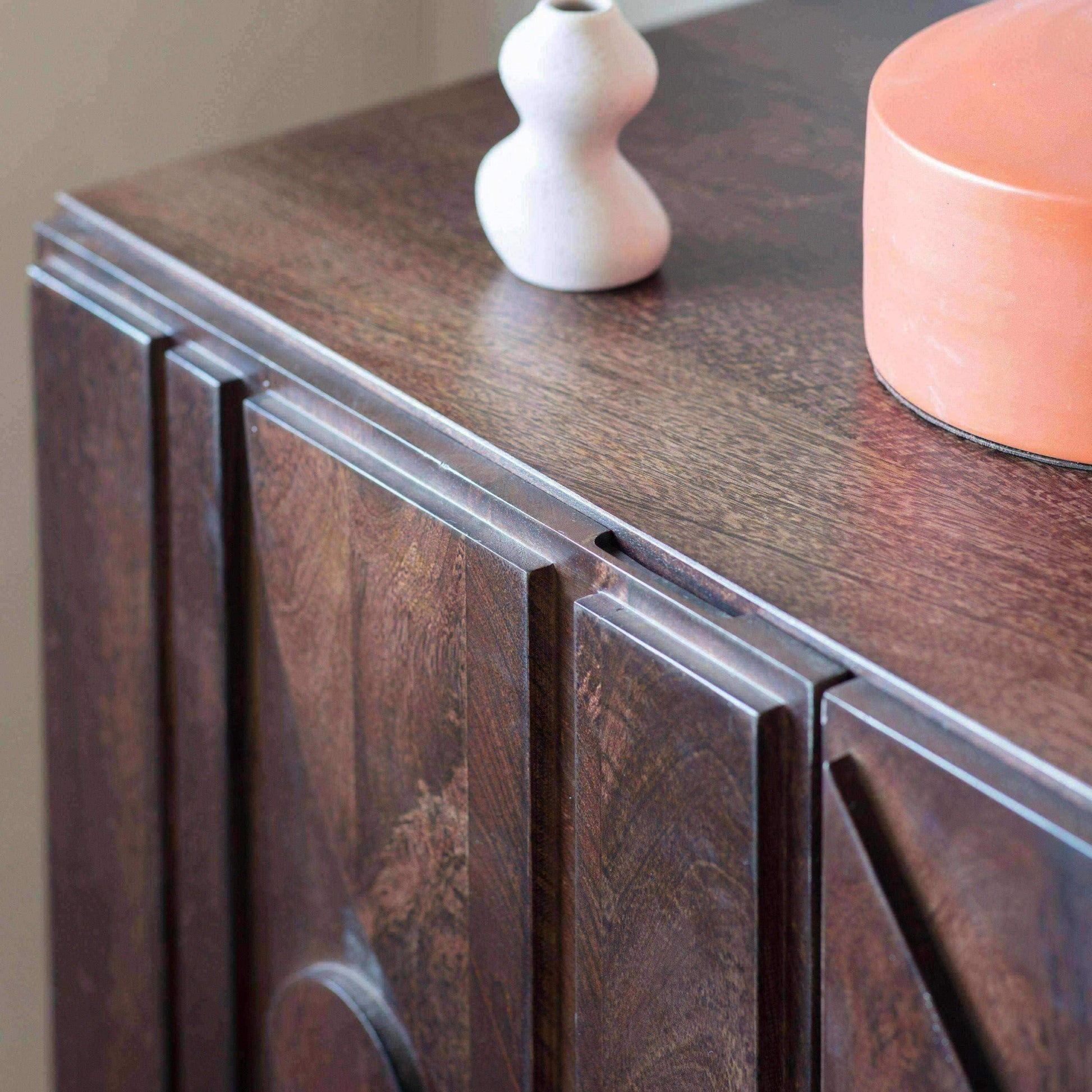 Geometric Relief Dark Wooden 3 Door Sideboard - The Farthing