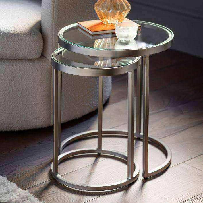 Glass Topped Silver Frame Circular Nestling Table Set - The Farthing