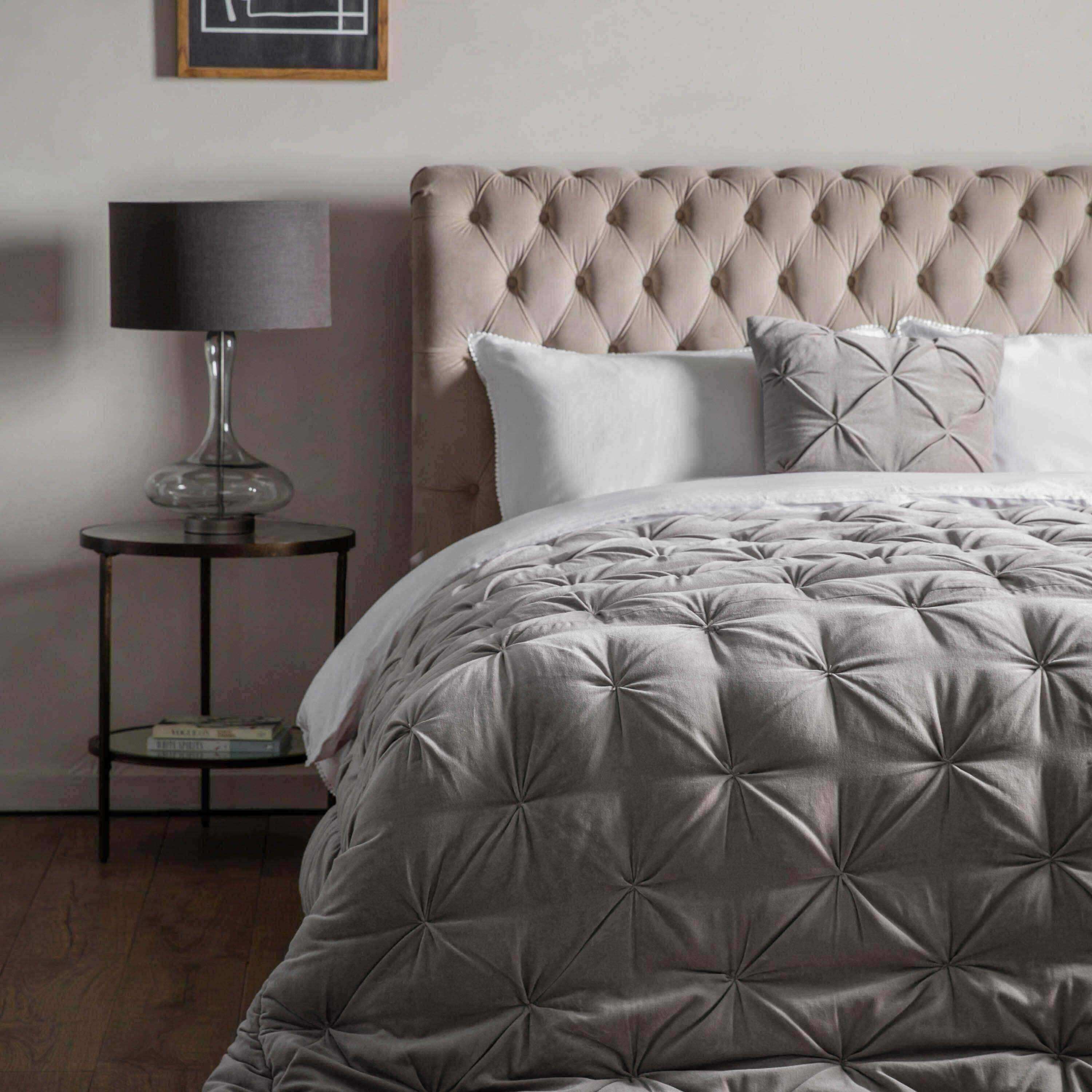 Grey Opulent Pinched Velvet and Linen Bedspread - The Farthing