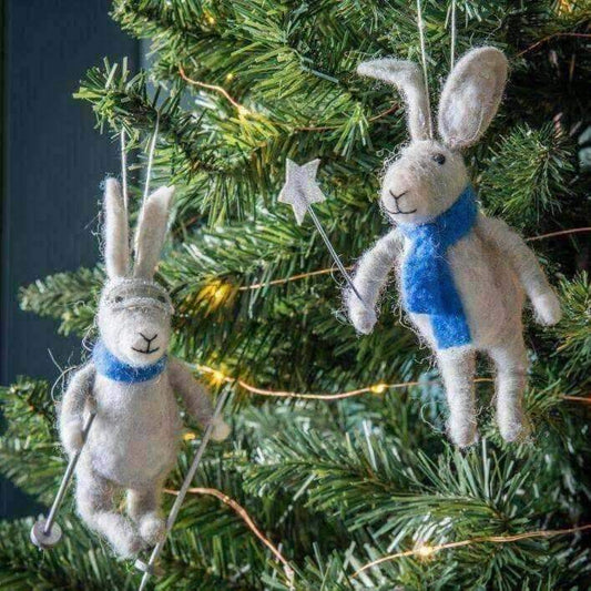 Hanging Woollen Hares Christmas Tree Decorations (2pk) - The Farthing