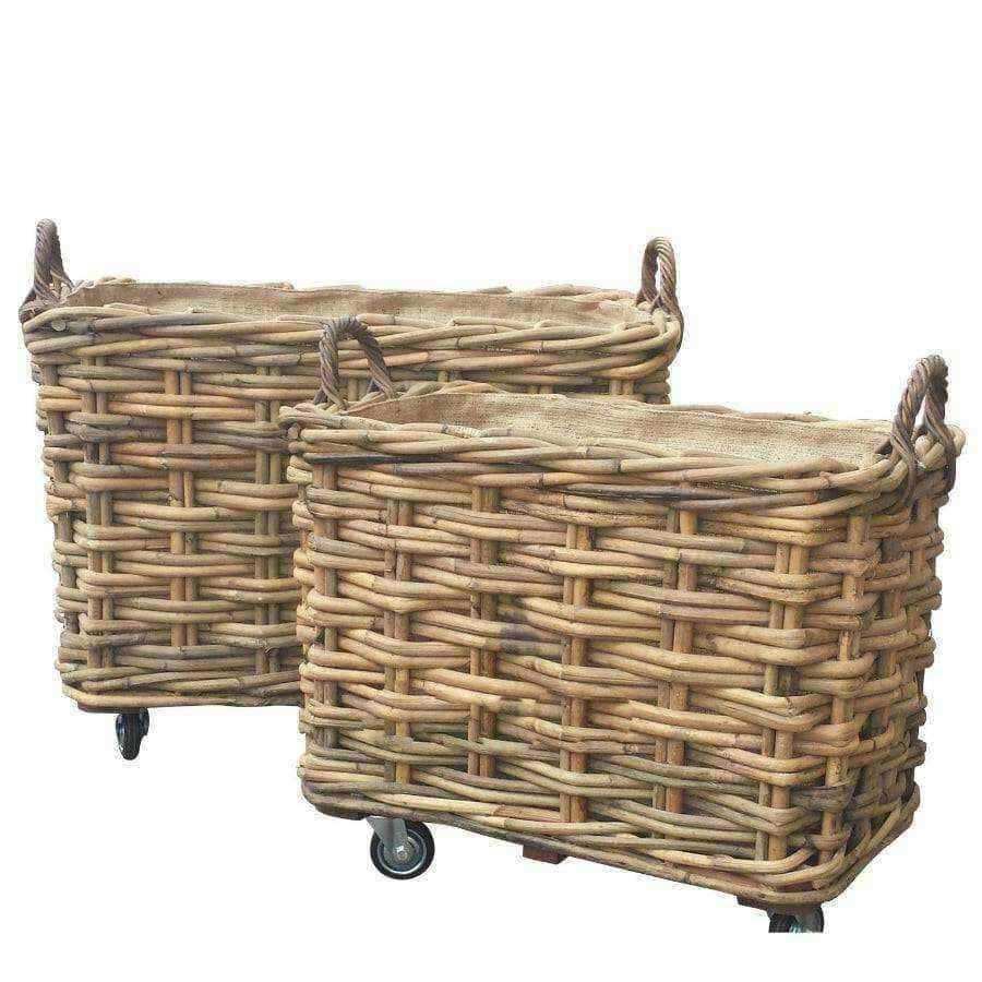 Hessian Lined Rectangle Wheeled Rattan Basket of 2 - The Farthing