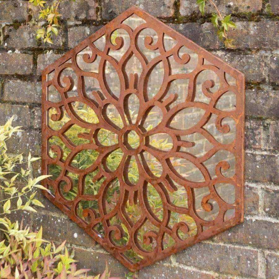Hexagonal Mirrored Rustic Flower Metal Wall Art - The Farthing