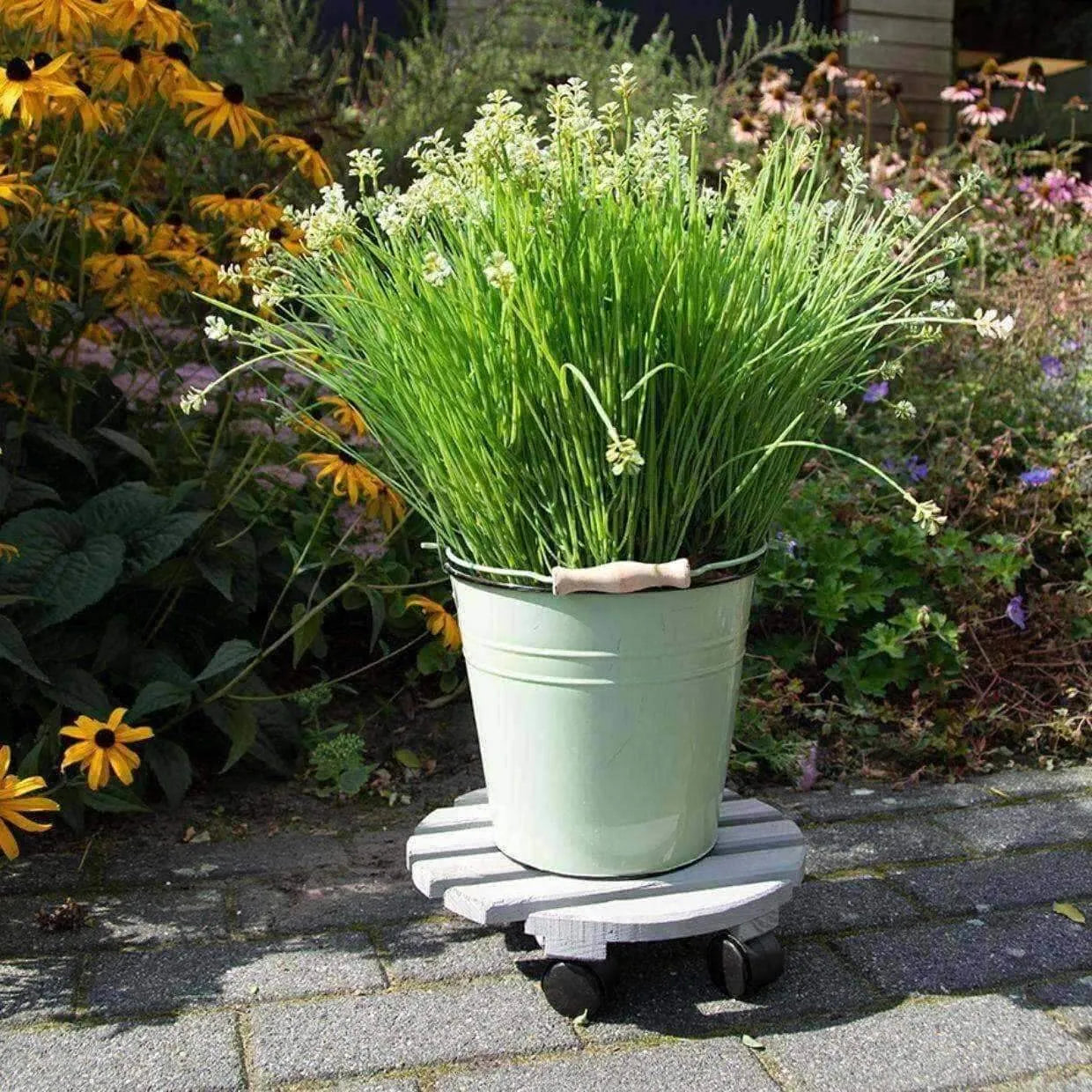 Indoor Outdoor Round Wooden Plant Pot Trolley Stand - The Farthing
