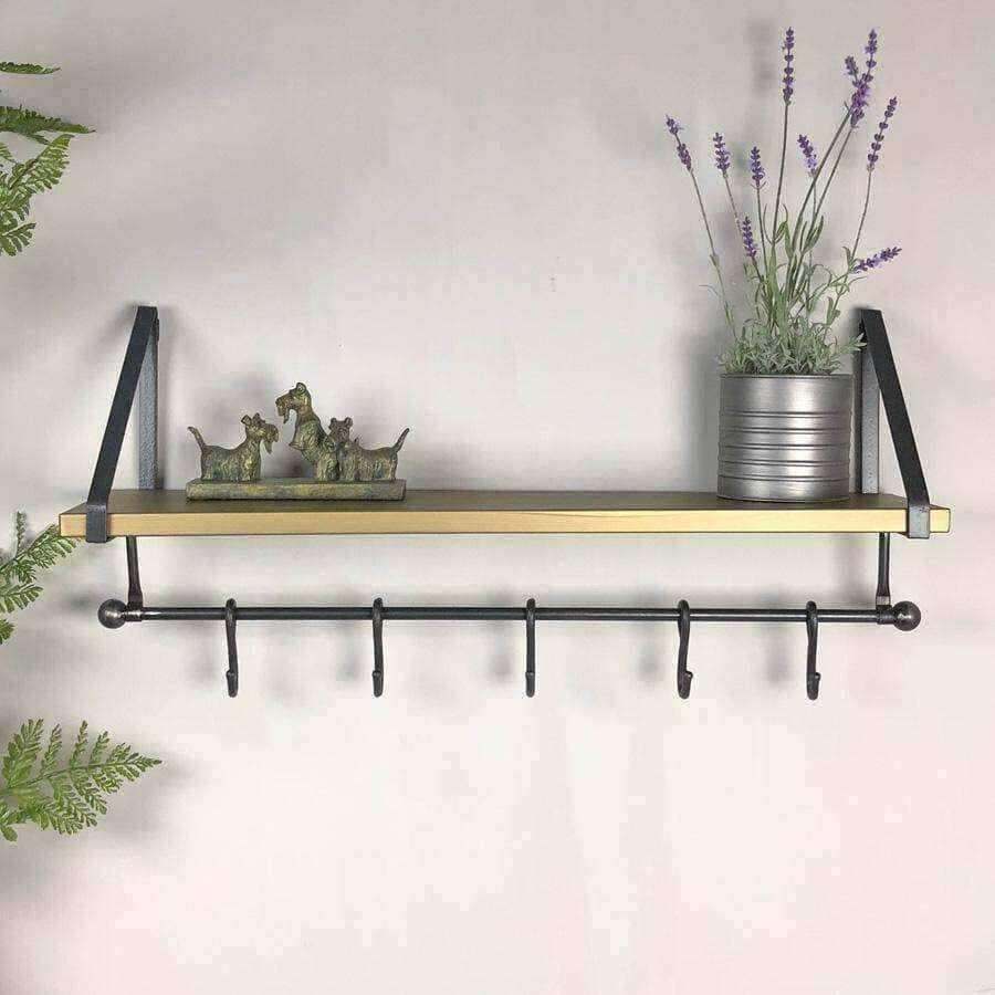 Industrial Burnished Gold Metal Wall Shelf & Hooks - The Farthing