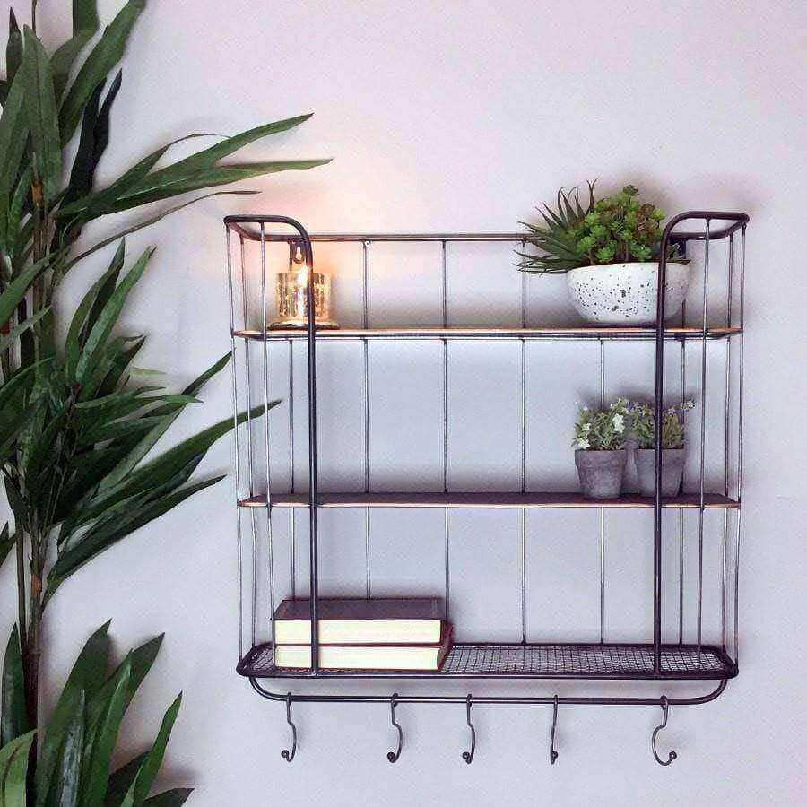Industrial Wall Shelf with Hooks - Large - The Farthing