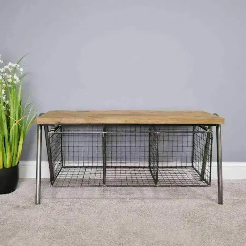Industrial Wire Basket Storage Bench