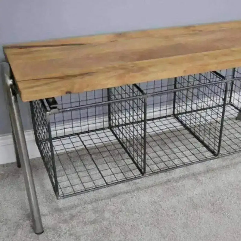 Industrial Wire Basket Storage Bench
