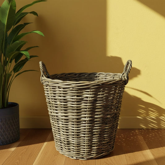 Large Rustic Round Rattan Basket with Handles - The Farthing