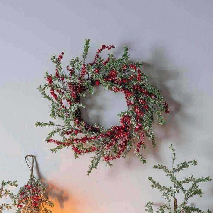 Medium Frosted Leaf Wreath with Red Berries - The Farthing