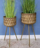 Pair of Distressed Gold Footed Gold Plant Pots - The Farthing