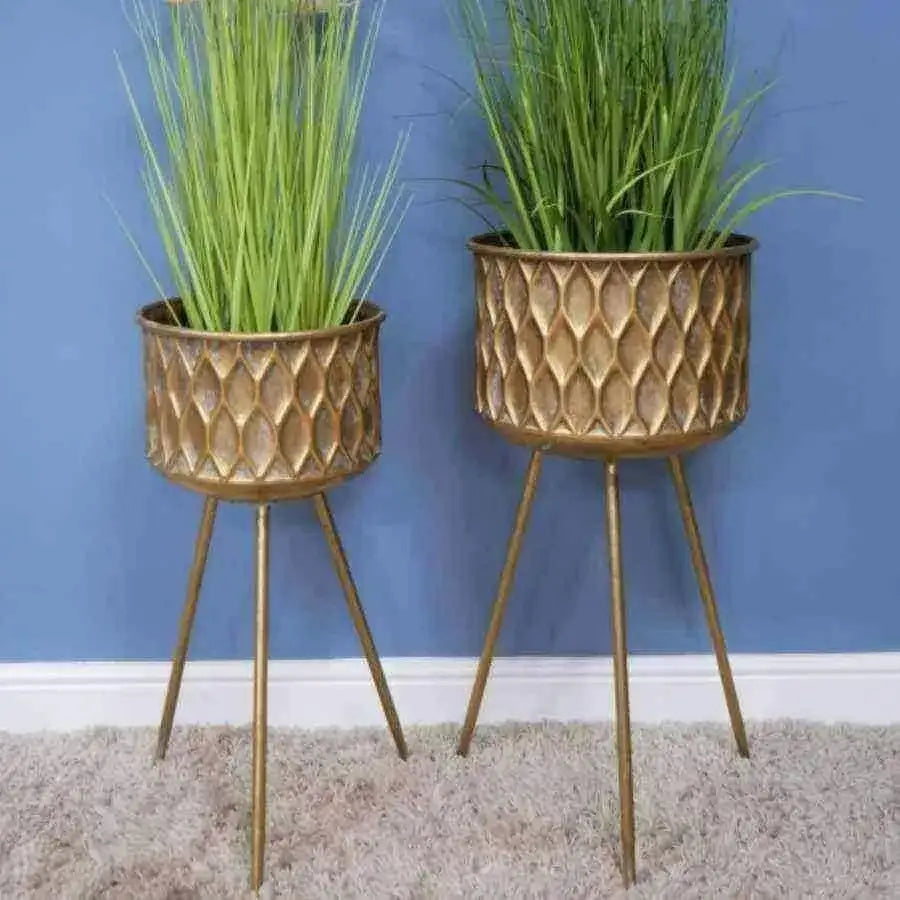 Pair of Distressed Gold Footed Gold Plant Pots - The Farthing