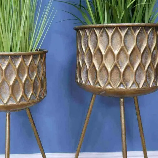 Pair of Distressed Gold Footed Gold Plant Pots - The Farthing