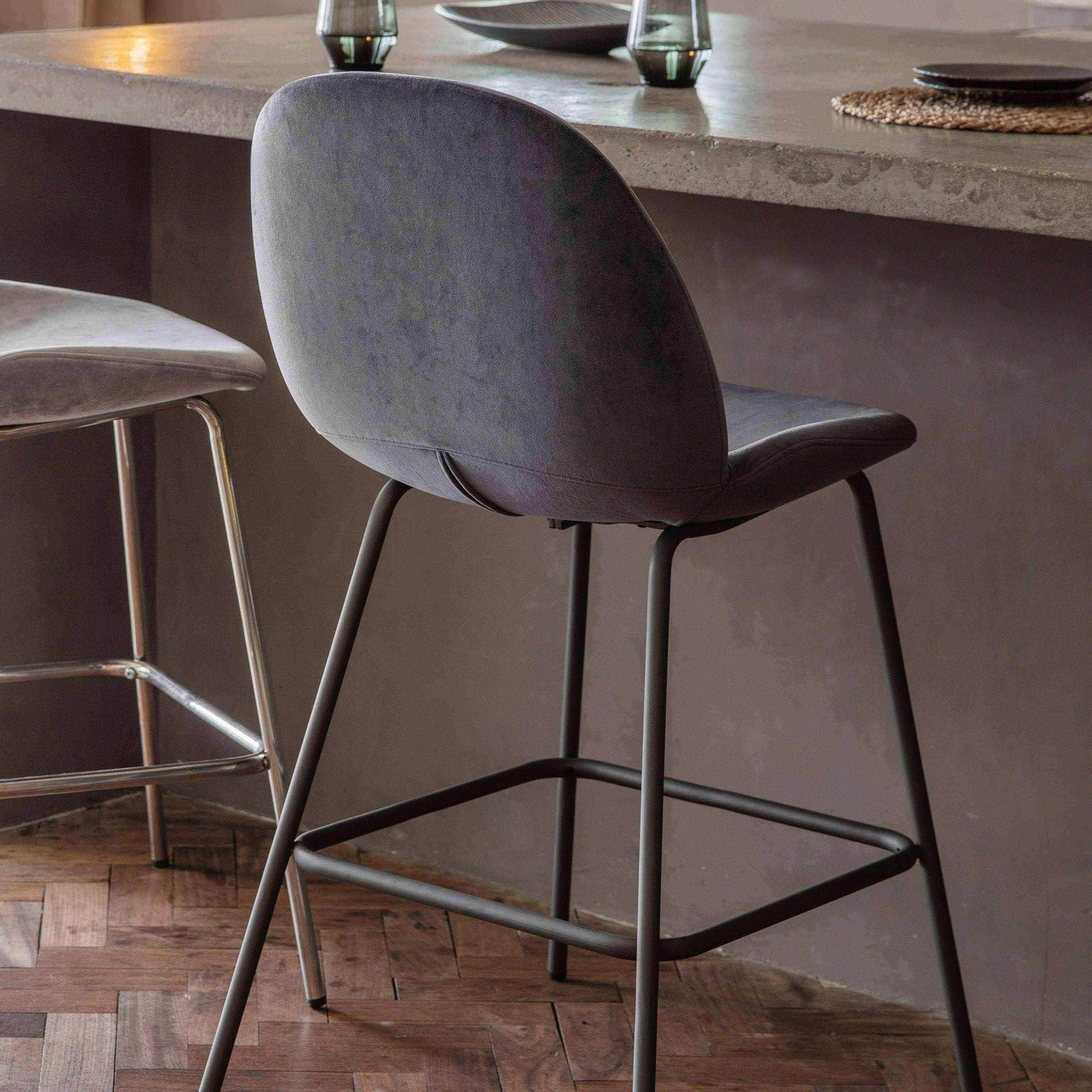 Pair of Grey Velvet Backed Bar Stools - Set of Two - The Farthing