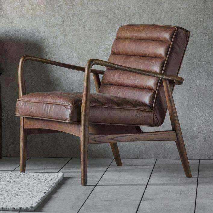 Ribbed Vintage Brown Leather Arm Chair - The Farthing