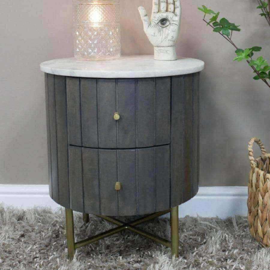 Round Dark Mango Wood Marble Topped Side Table - The Farthing