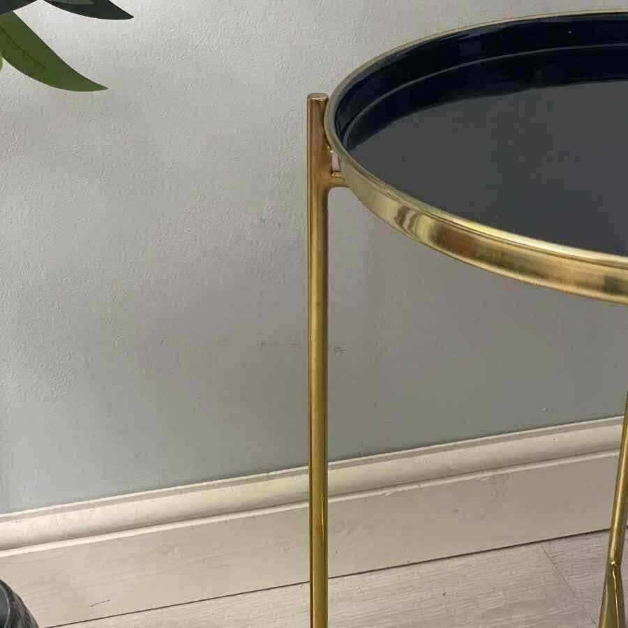 Round Gold Side Table with Black Enamel Top - The Farthing