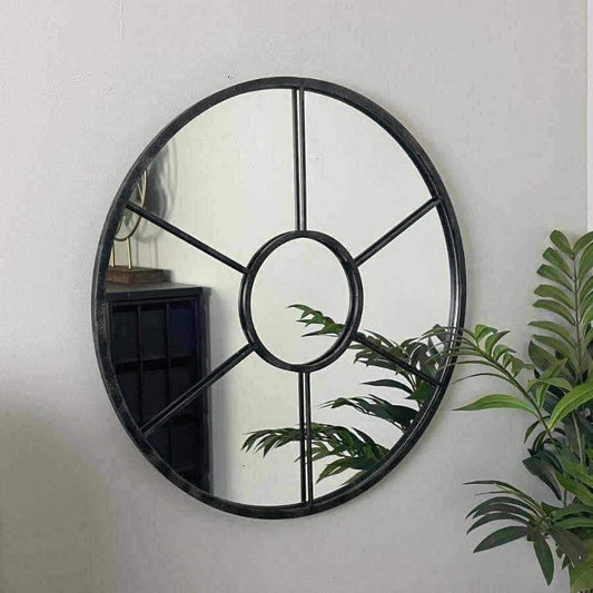 Round Metal Window Mirror Distressed Black - The Farthing