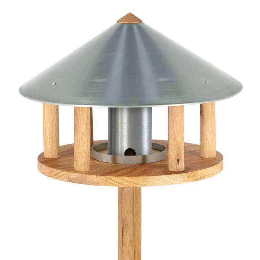 Round Zinc Roof Oak Standing Bird Table - The Farthing