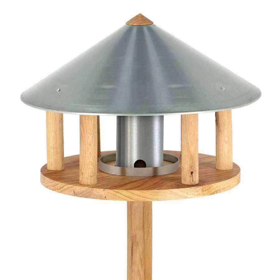 Round Zinc Roof Oak Standing Bird Table - The Farthing