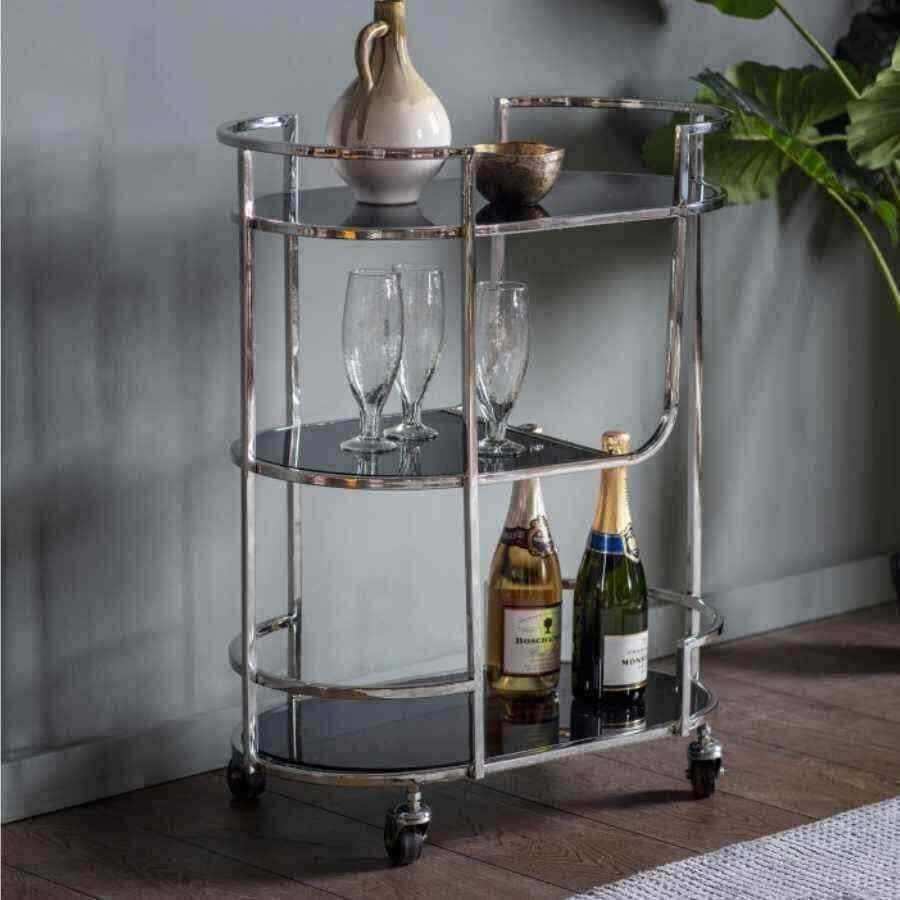 Rounded Edge Chrome & Smoked Glass Drinks Trolley - The Farthing