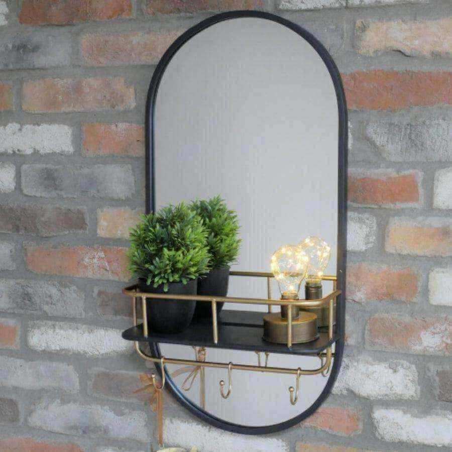 Rounded Industrial Shelf Mirror with Hooks - The Farthing