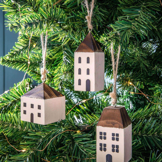 Rustic Hanging House Tree Decorations Set of 6 - The Farthing