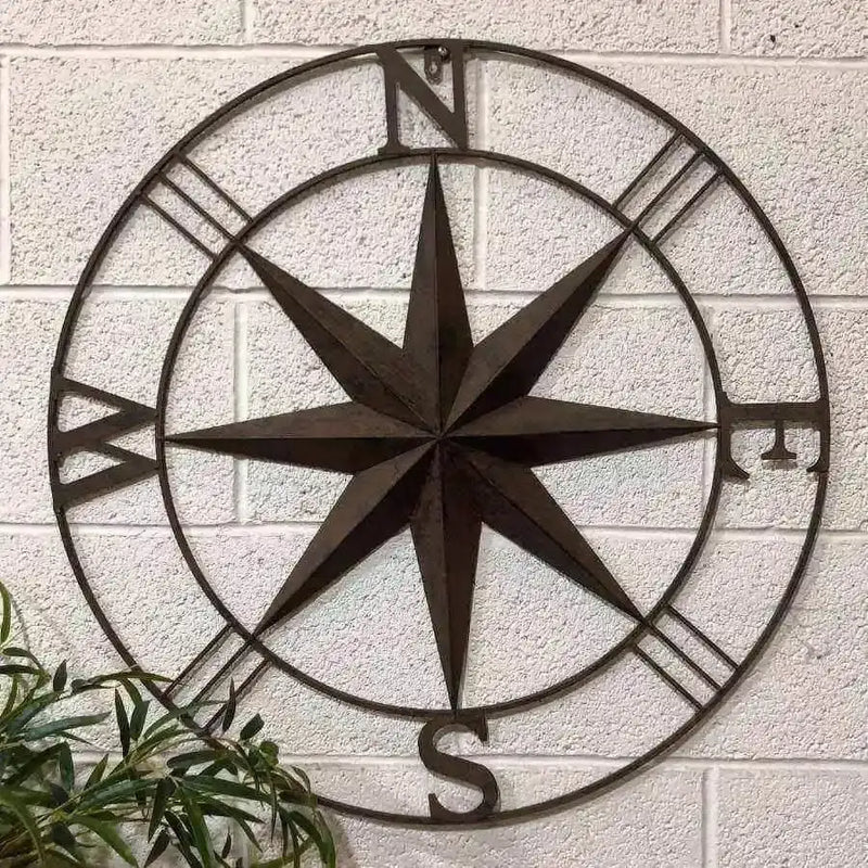 Rustic Round Metal Compass Garden Wall Art