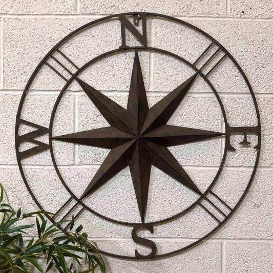 Rustic Round Metal Compass Garden Wall Art - The Farthing