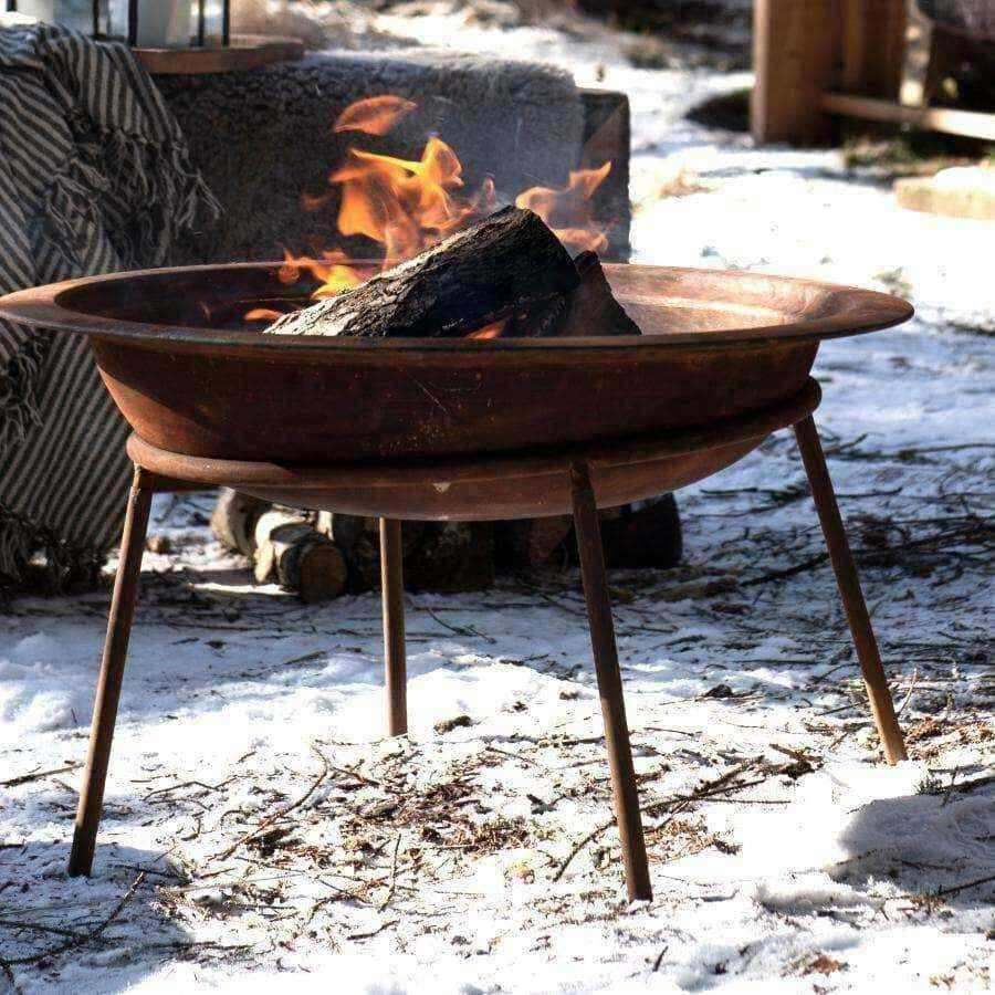 Rustic Rusty Round Fire Pit Brazier on Stand - The Farthing