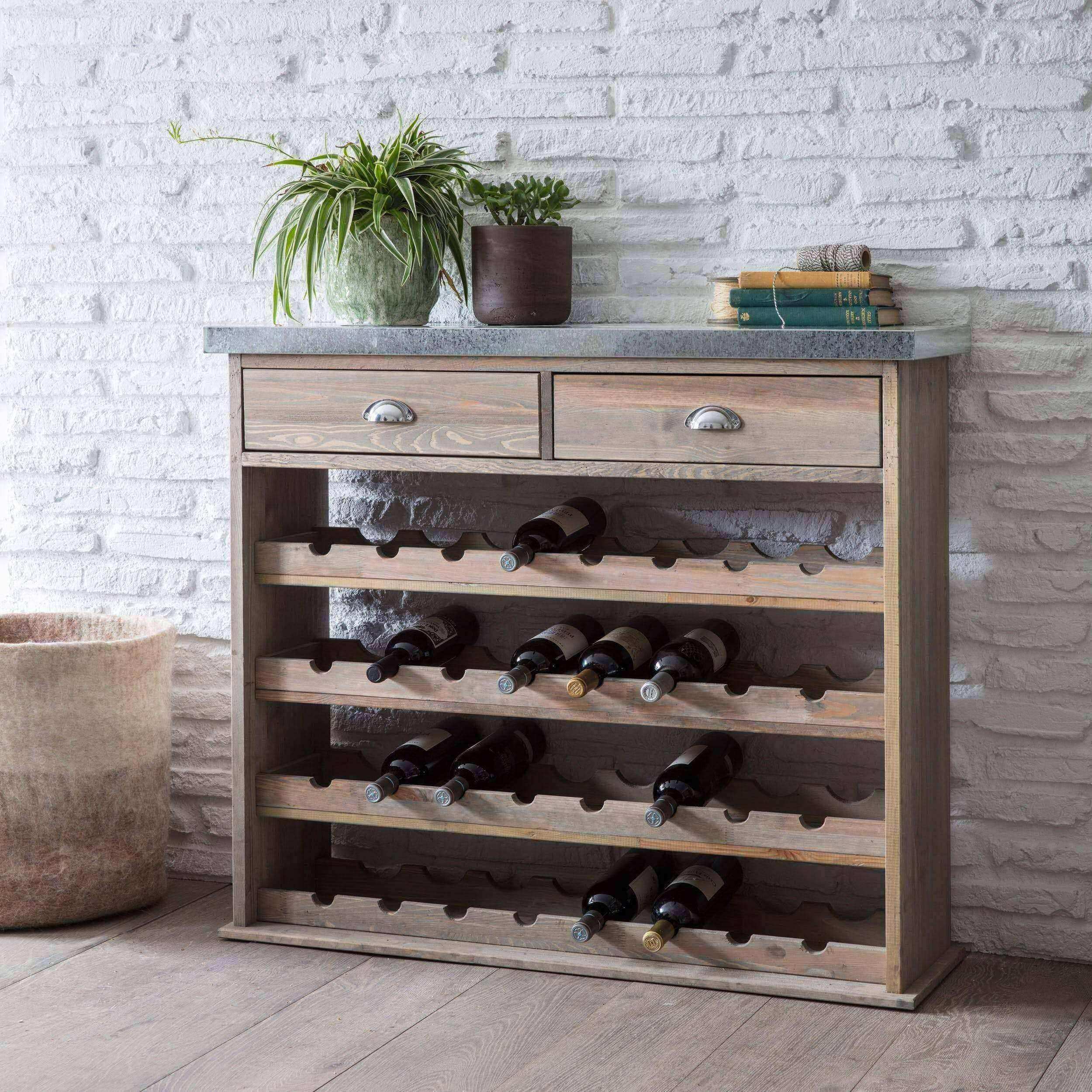 Rustic Wood & Metal Topped Wine Store Console - The Farthing