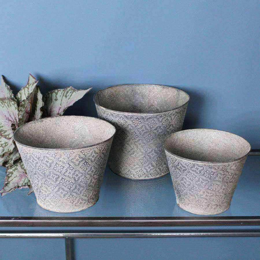 Set of Embossed Rustic Metal Plant Pots - The Farthing