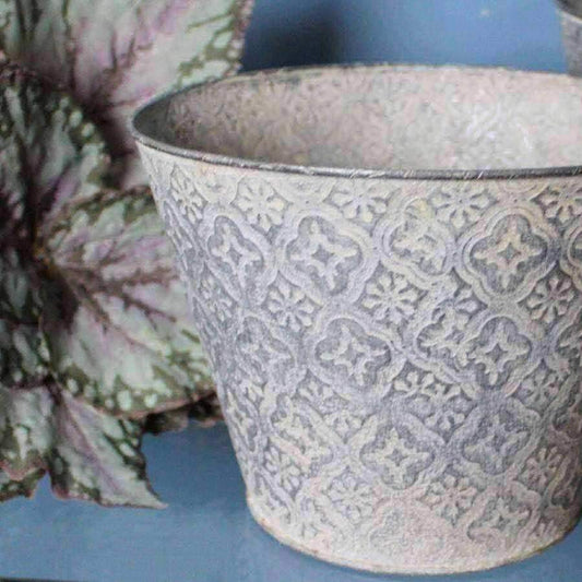 Set of Embossed Rustic Metal Plant Pots - The Farthing