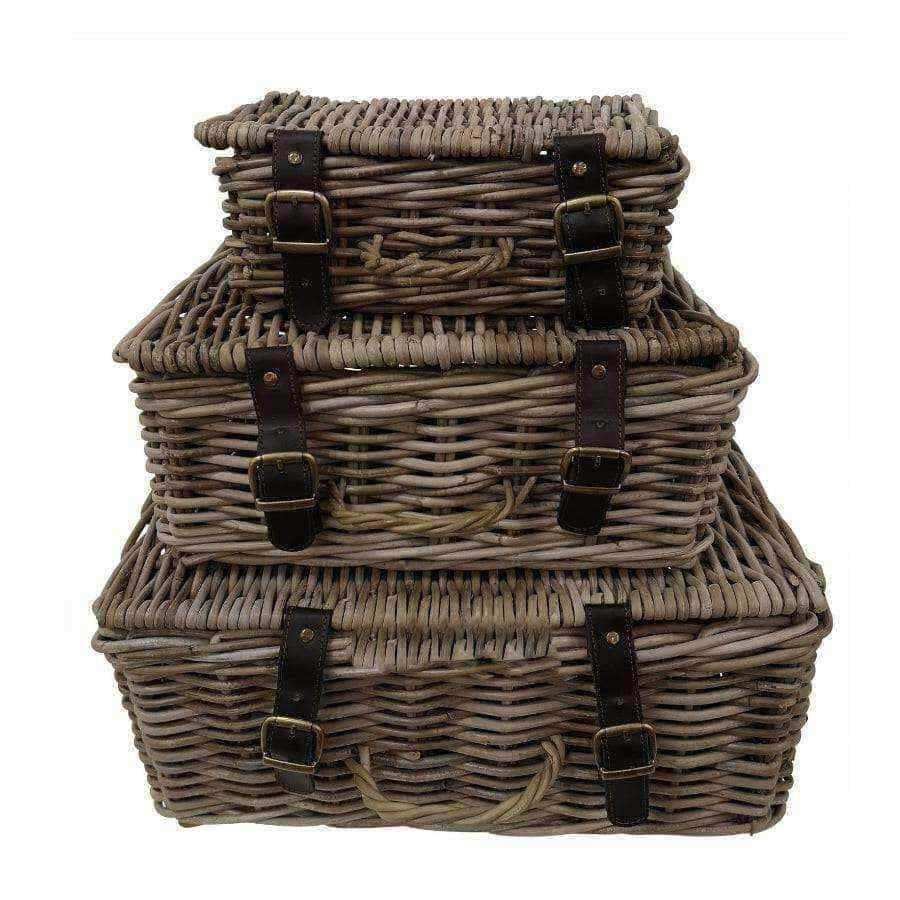 Set of Three Rattan Storage Trunks with Leather Straps - The Farthing