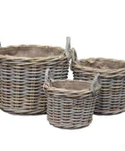 Set of Three Round Rattan Baskets with Hessian Lining - The Farthing
