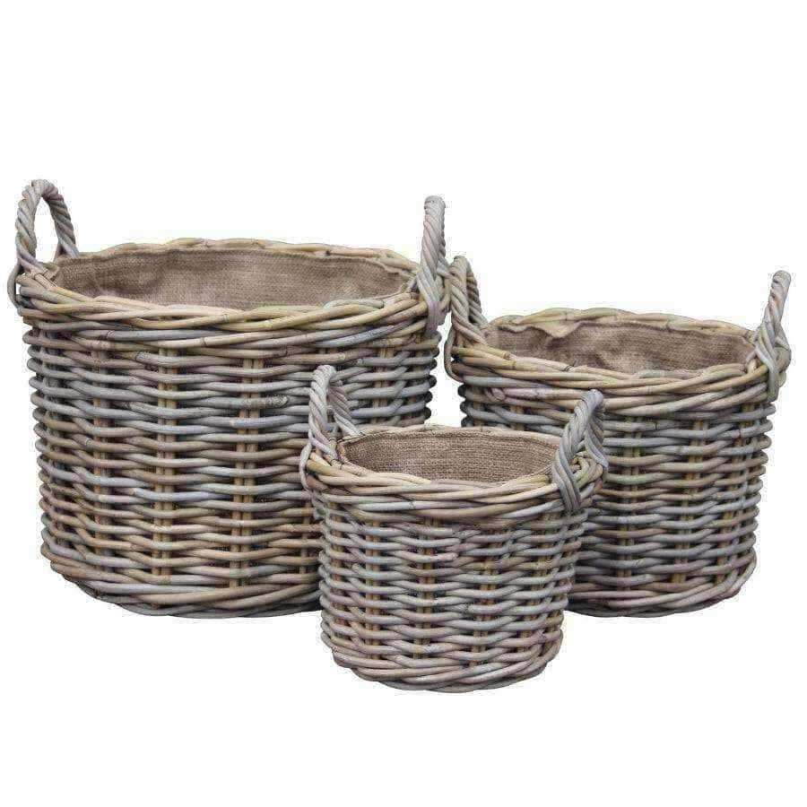 Set of Three Round Rattan Baskets with Hessian Lining - The Farthing