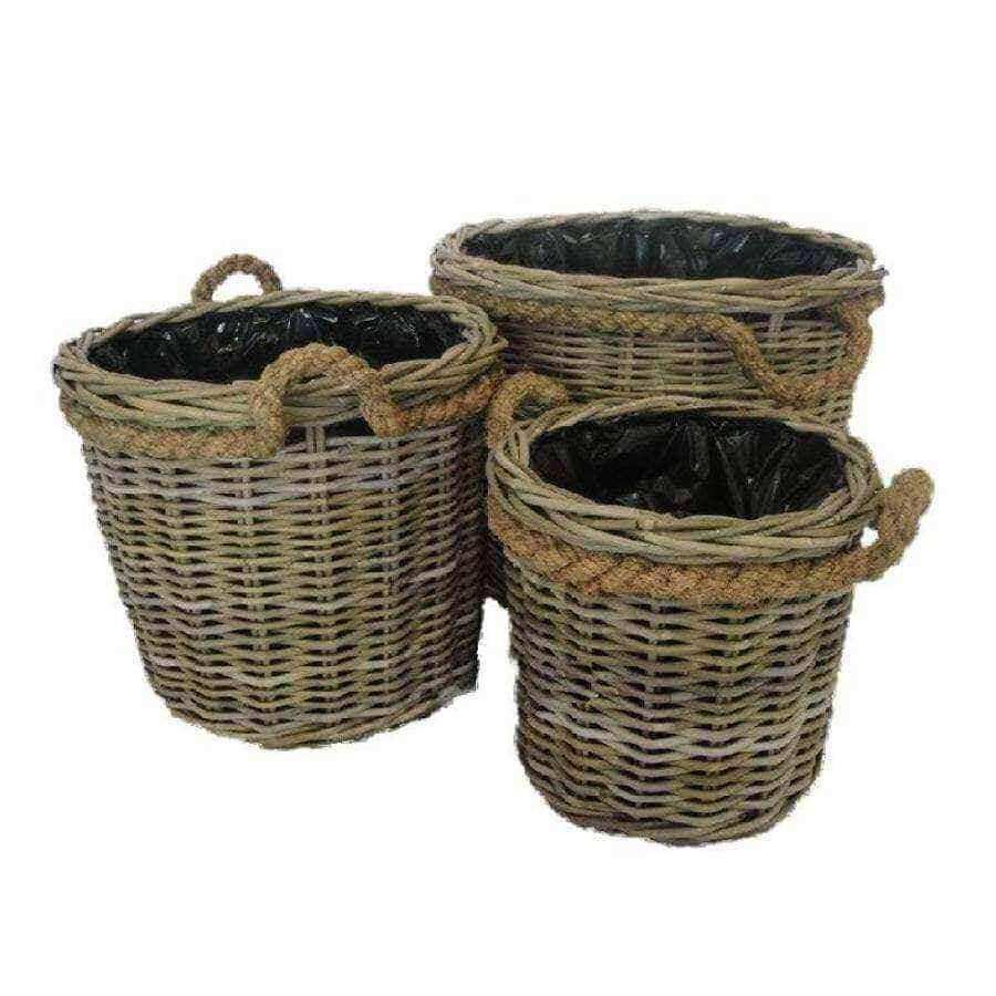 Set of Three Round Rattan Planter Baskets with Lining - The Farthing