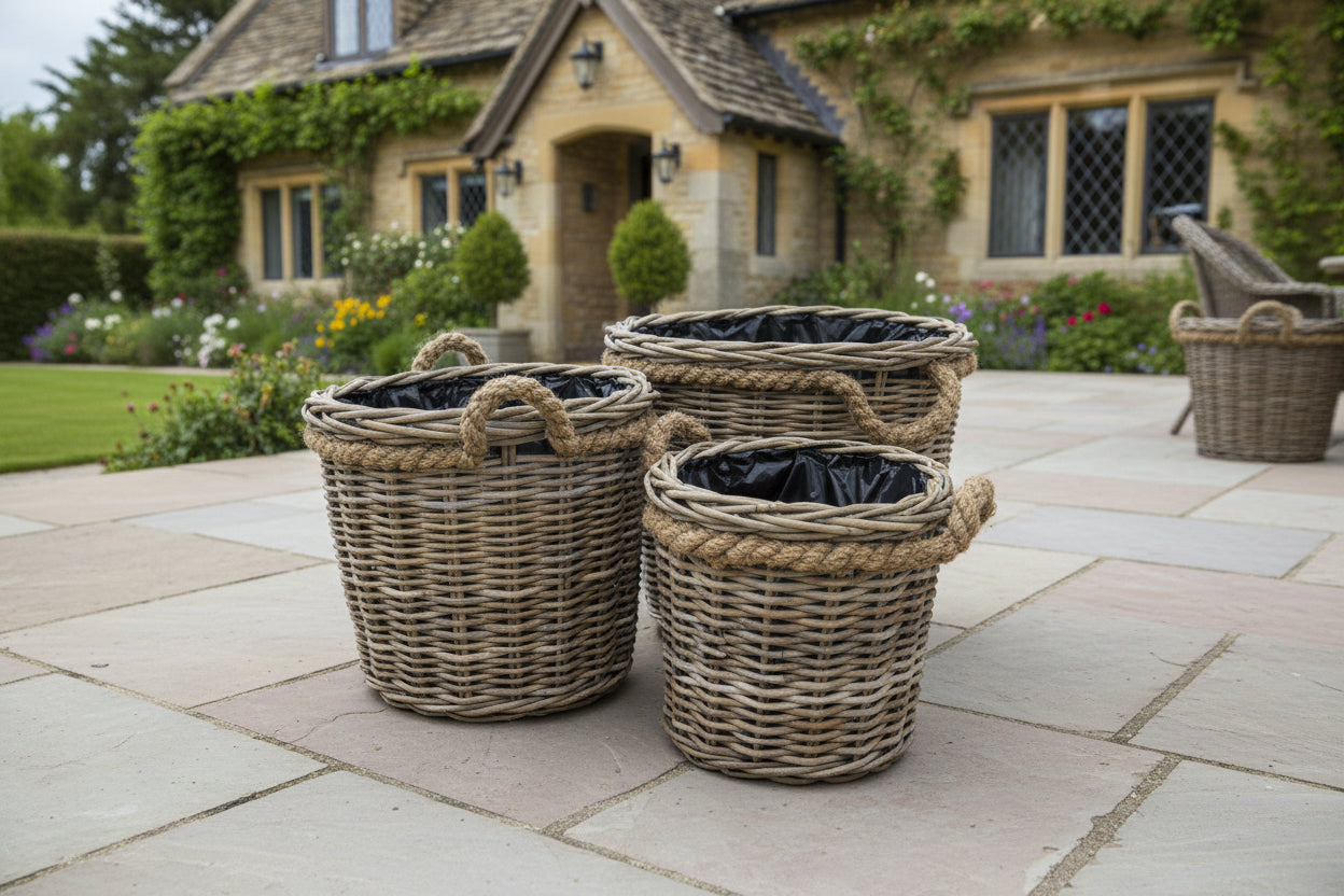 Set of Three Round Rattan Planter Baskets with Lining - The Farthing