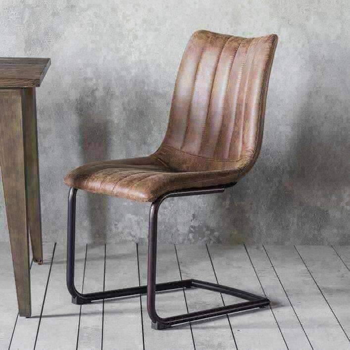 Set of Two Cantilever Aged Faux Brown Leather Dining Chairs - The Farthing