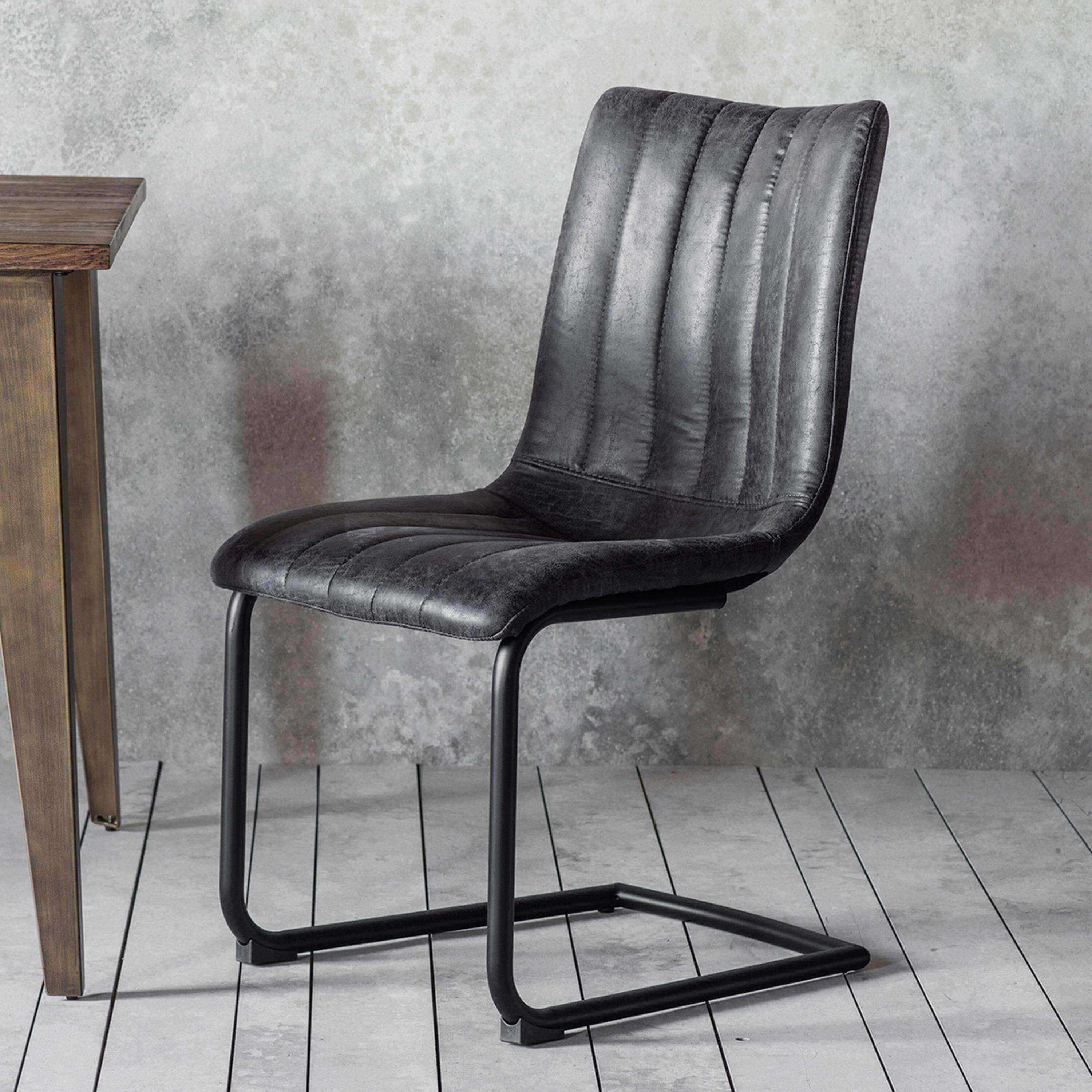 Set of Two Cantilever Aged Faux Dark Leather Dining Chairs - The Farthing