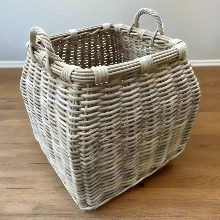 Square Base Rustic Rattan Basket with Handles