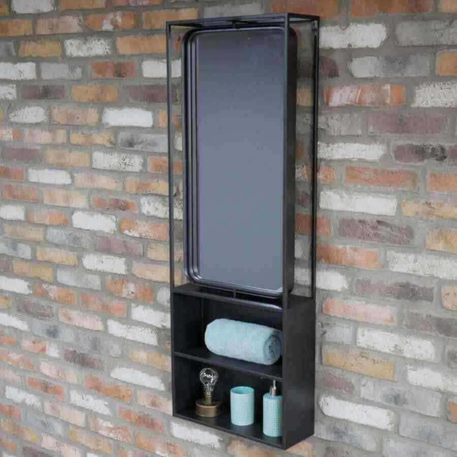 Tall Black Industrial Mirror Wall Unit with Shelves - The Farthing