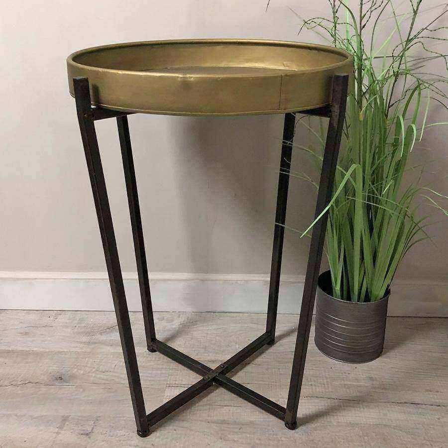 Tall Industrial Gold Round Topped Tray Side Table - The Farthing