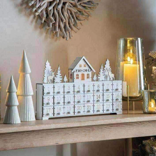 Traditional Wooden Advent Calendar House With LED White - The Farthing