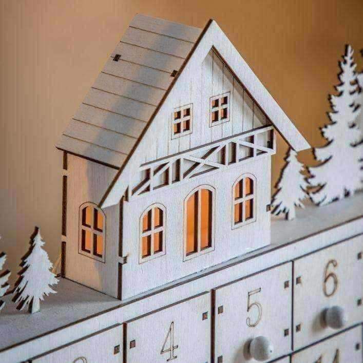 Traditional Wooden Advent Calendar House With LED White - The Farthing