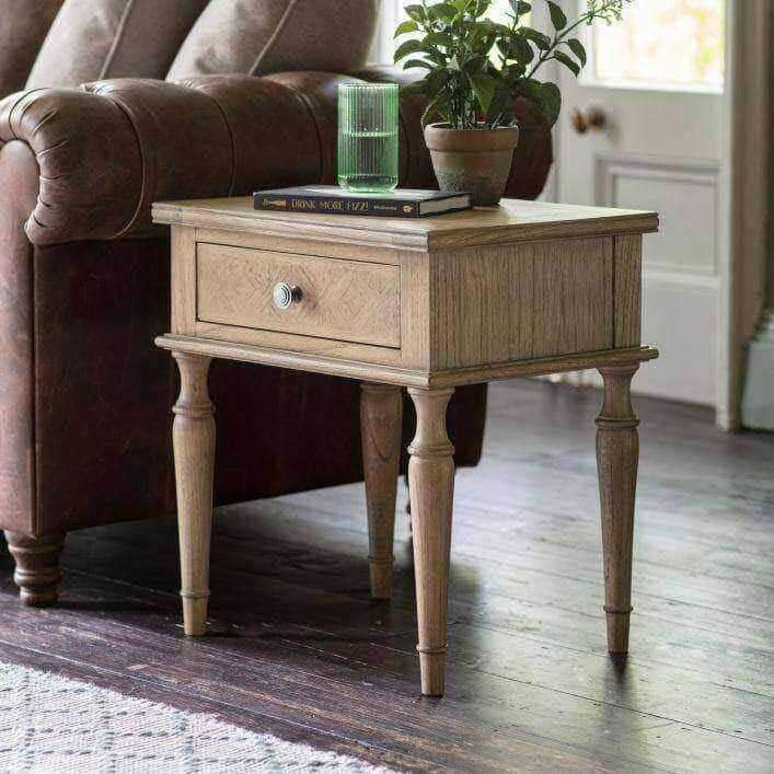 Wooden Parquet Styled 1 Drawer Side Table - The Farthing